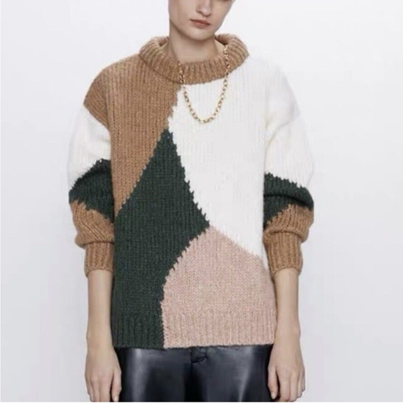Zara Sweaters - ZARA Oversized Colorblock Chunky Knit Wool Blend Sweater Tan Cream | Size M